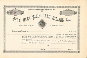 Daly West Mining and Milling Co. - Unissued Mining Stock Certificate